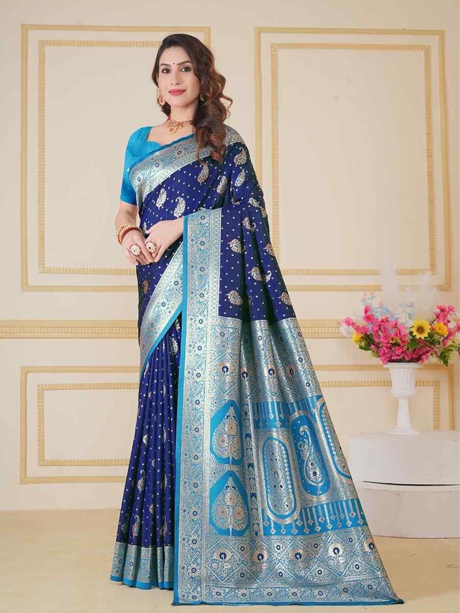 Navy blue Silk Handwoven Festival Wedding Fancy Heavy Border Saree