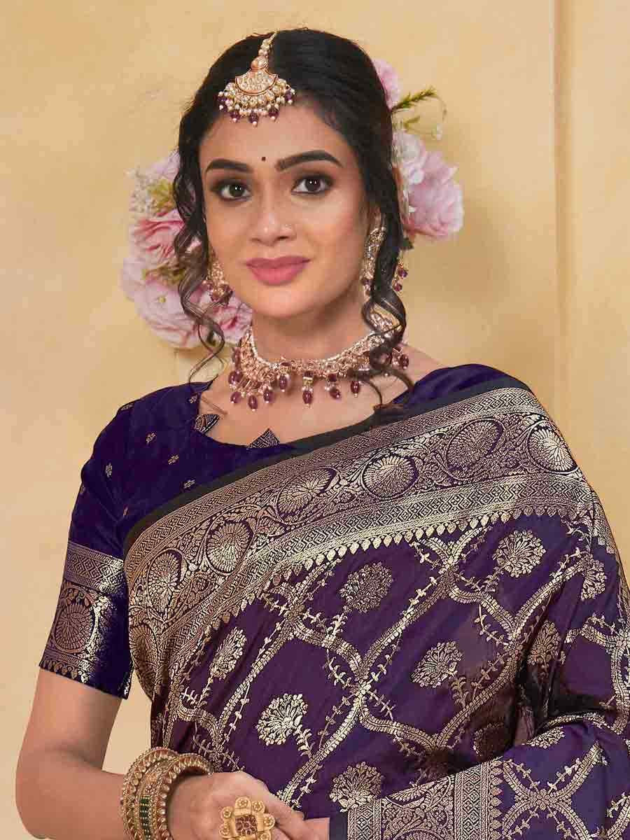 Navy Blue Silk Handwoven Festival Wedding Fancy Heavy Border Saree