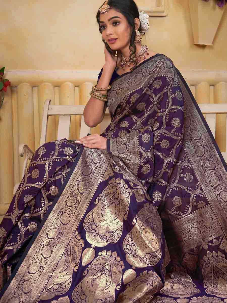 Navy Blue Silk Handwoven Festival Wedding Fancy Heavy Border Saree