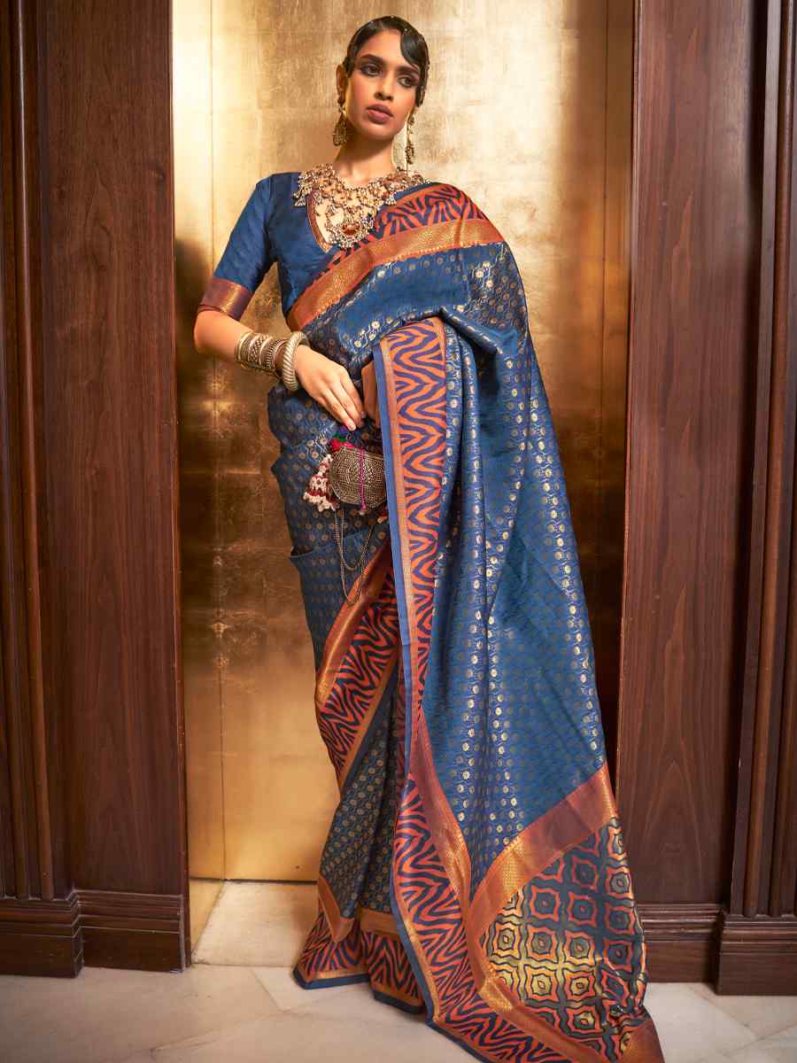 Navy Blue Silk Handwoven Party Festival Heavy Border Saree