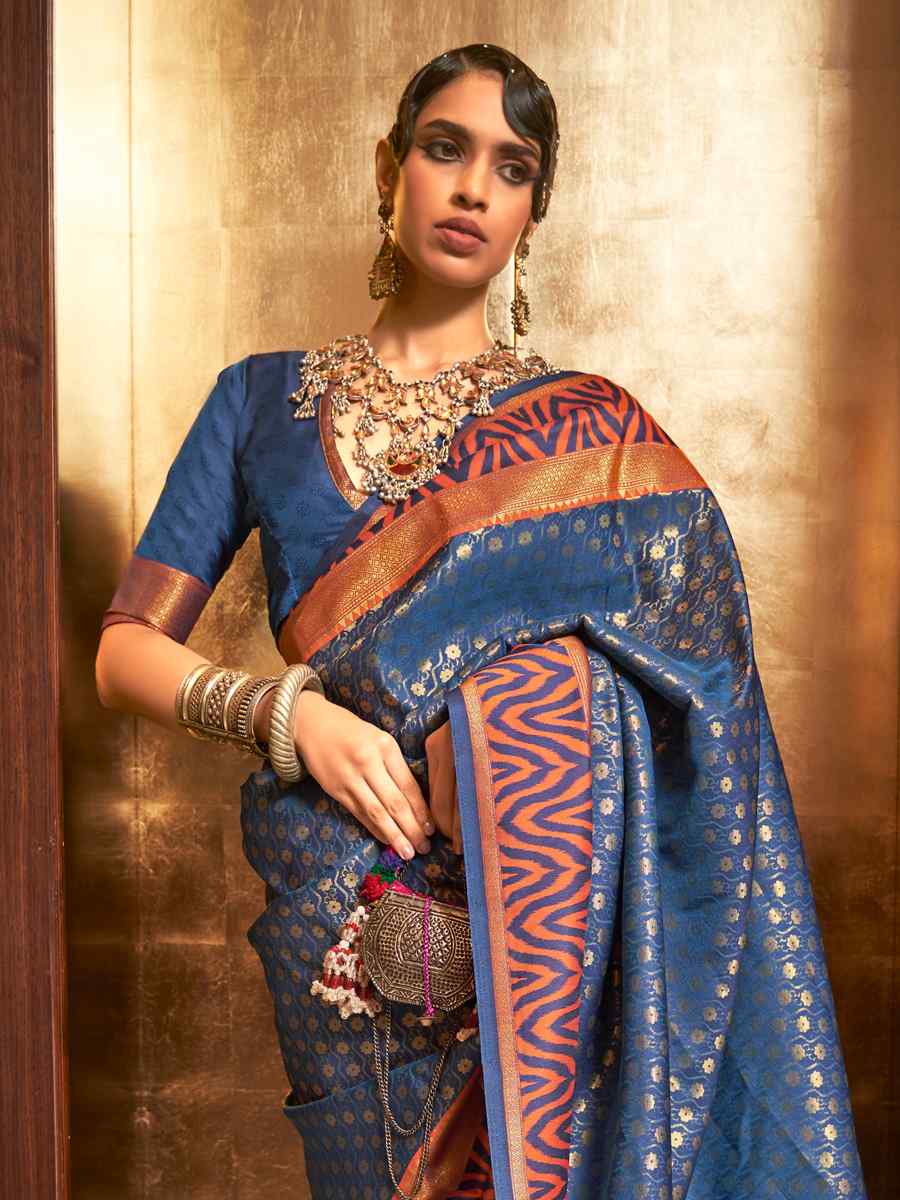 Navy Blue Silk Handwoven Party Festival Heavy Border Saree