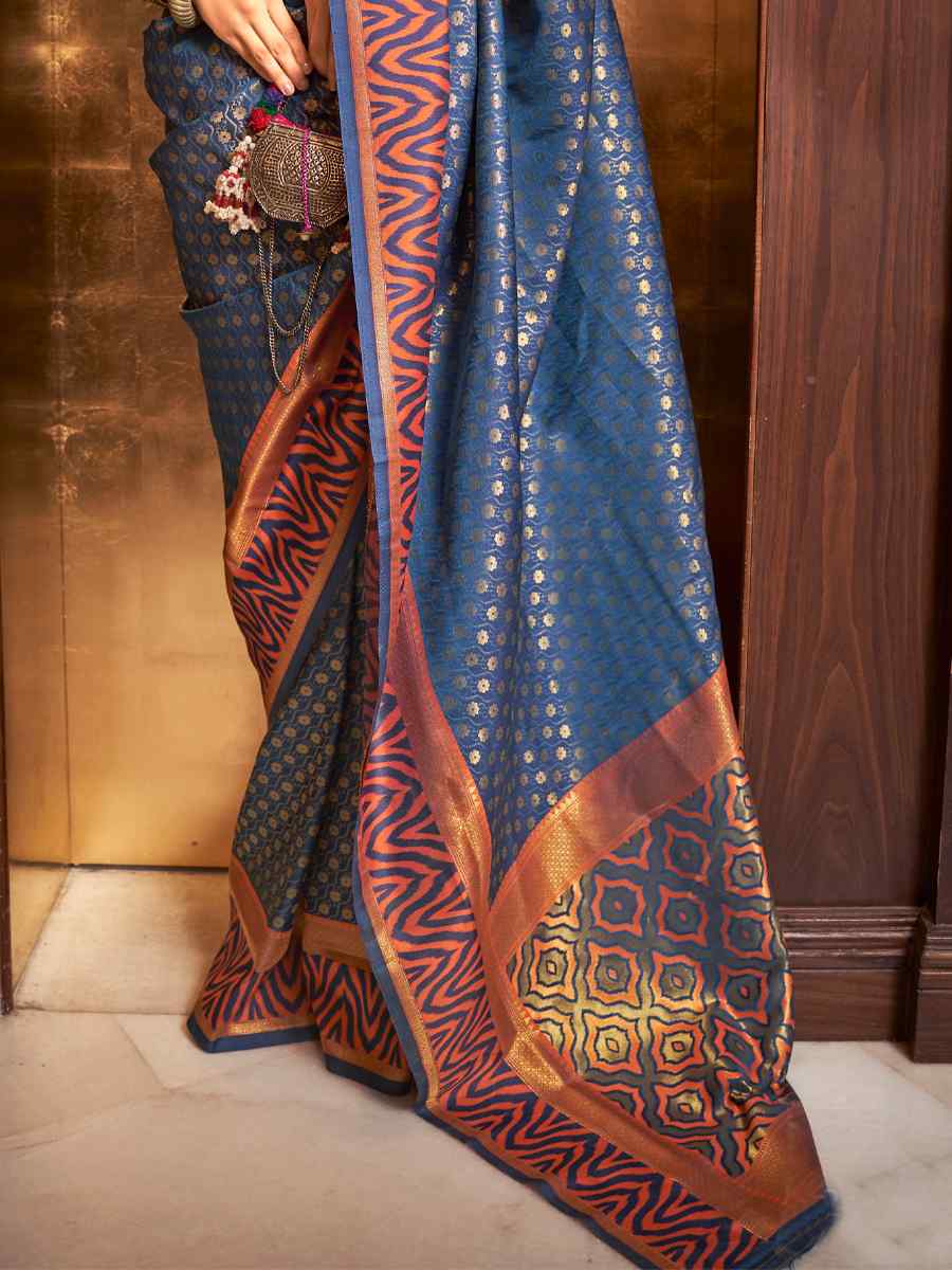 Navy Blue Silk Handwoven Party Festival Heavy Border Saree