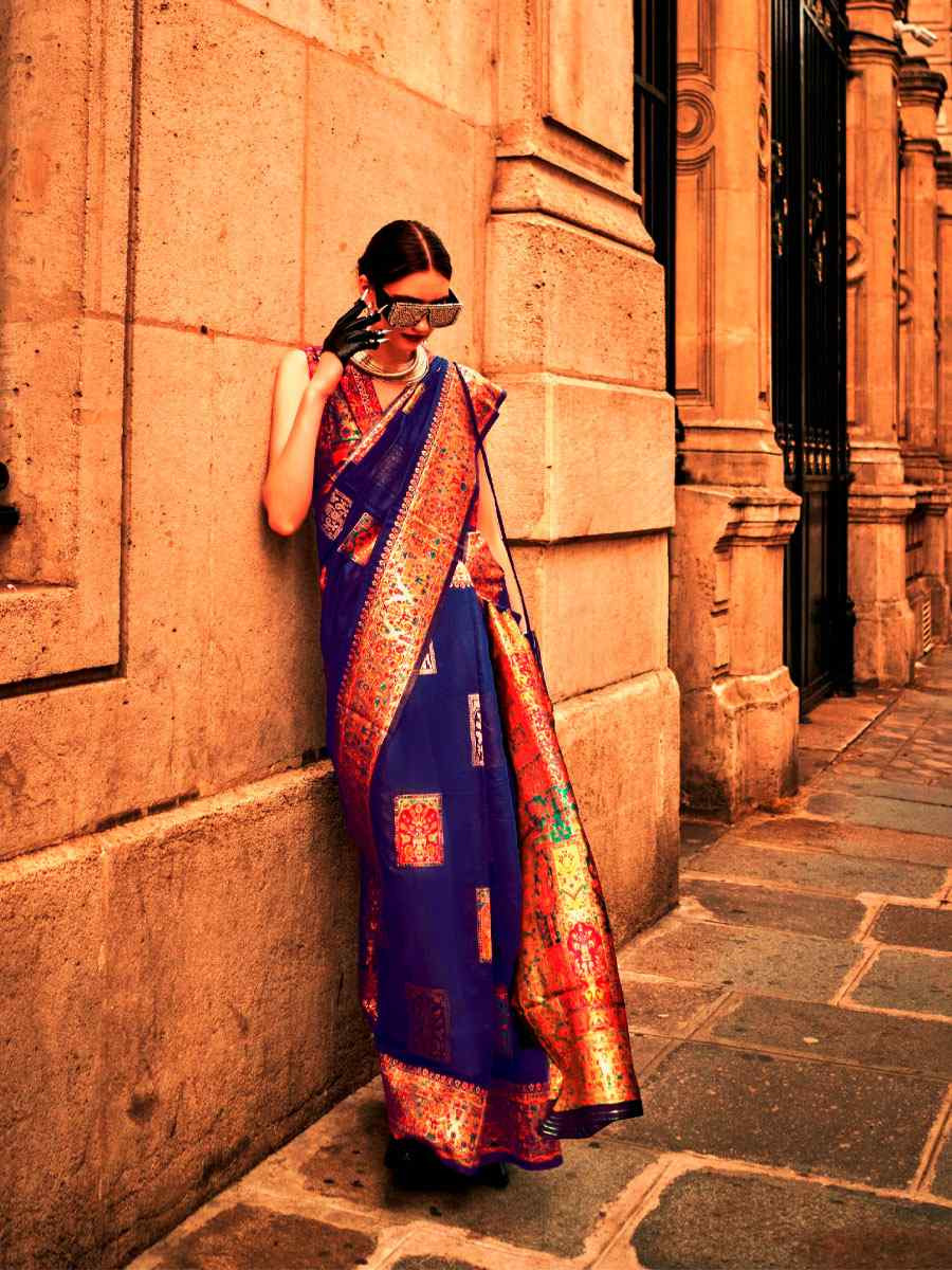 Navy Blue Silk Handwoven Traditional Bridal Reception Festival Wedding Fancy Heavy Border Saree