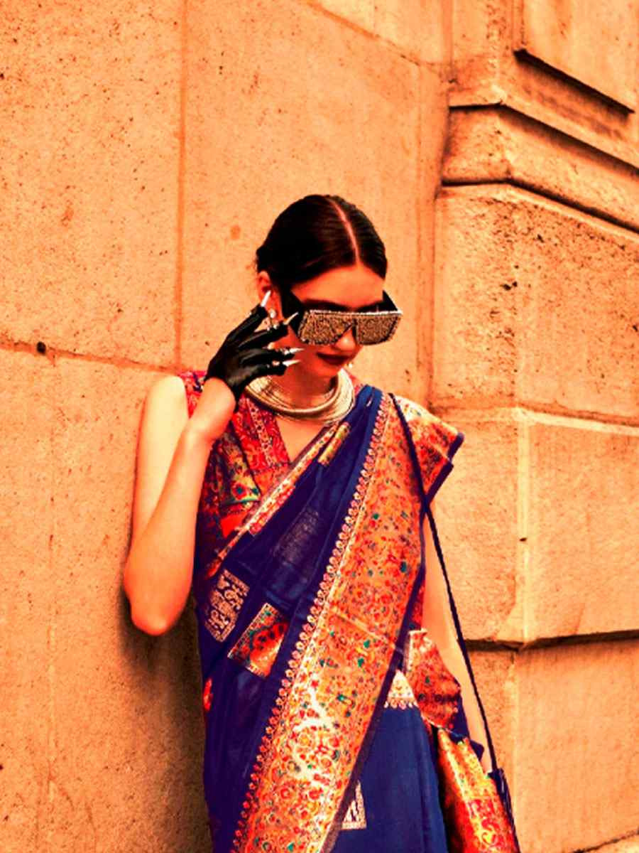 Navy Blue Silk Handwoven Traditional Bridal Reception Festival Wedding Fancy Heavy Border Saree