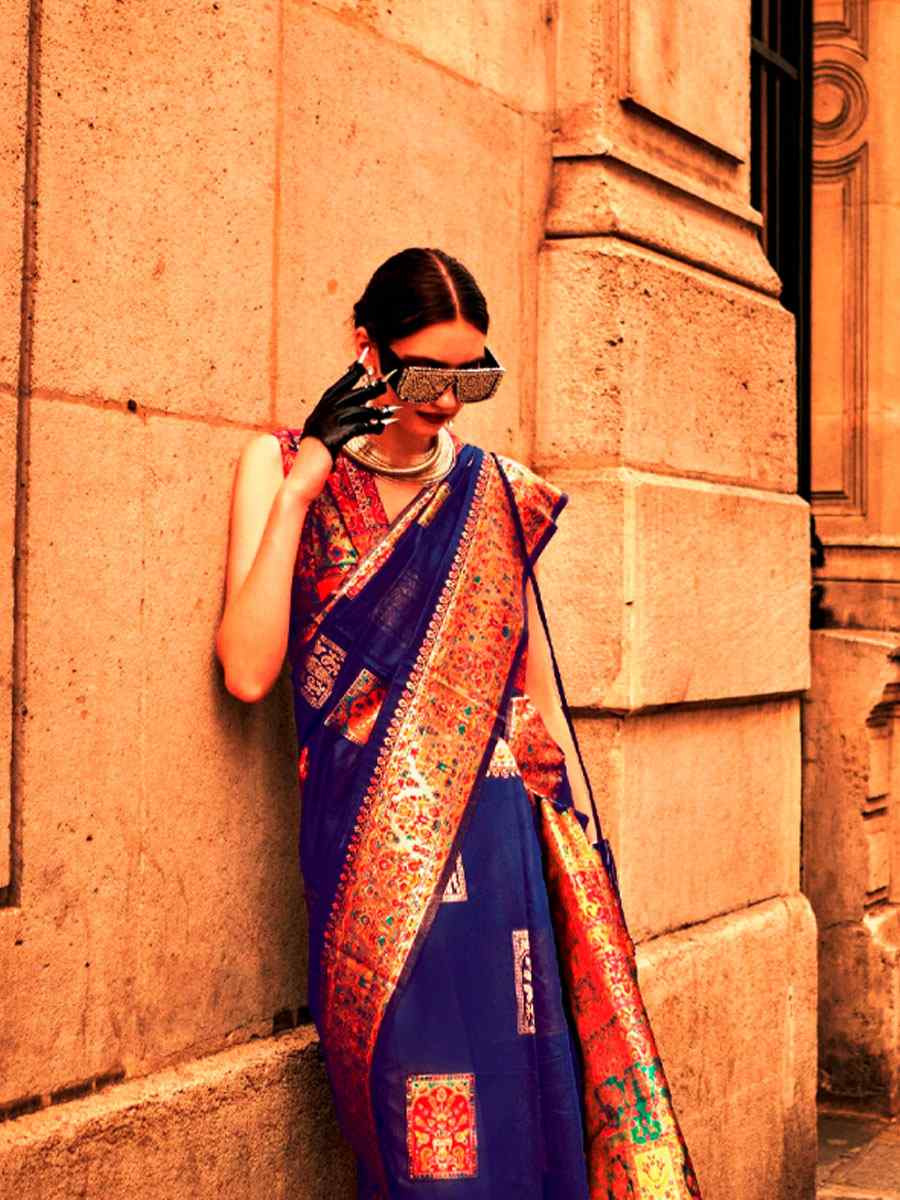 Navy Blue Silk Handwoven Traditional Bridal Reception Festival Wedding Fancy Heavy Border Saree