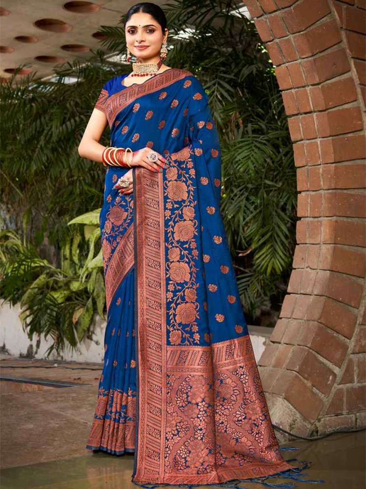 Navy Blue Silk Handwoven Wedding Festival Heavy Border Saree