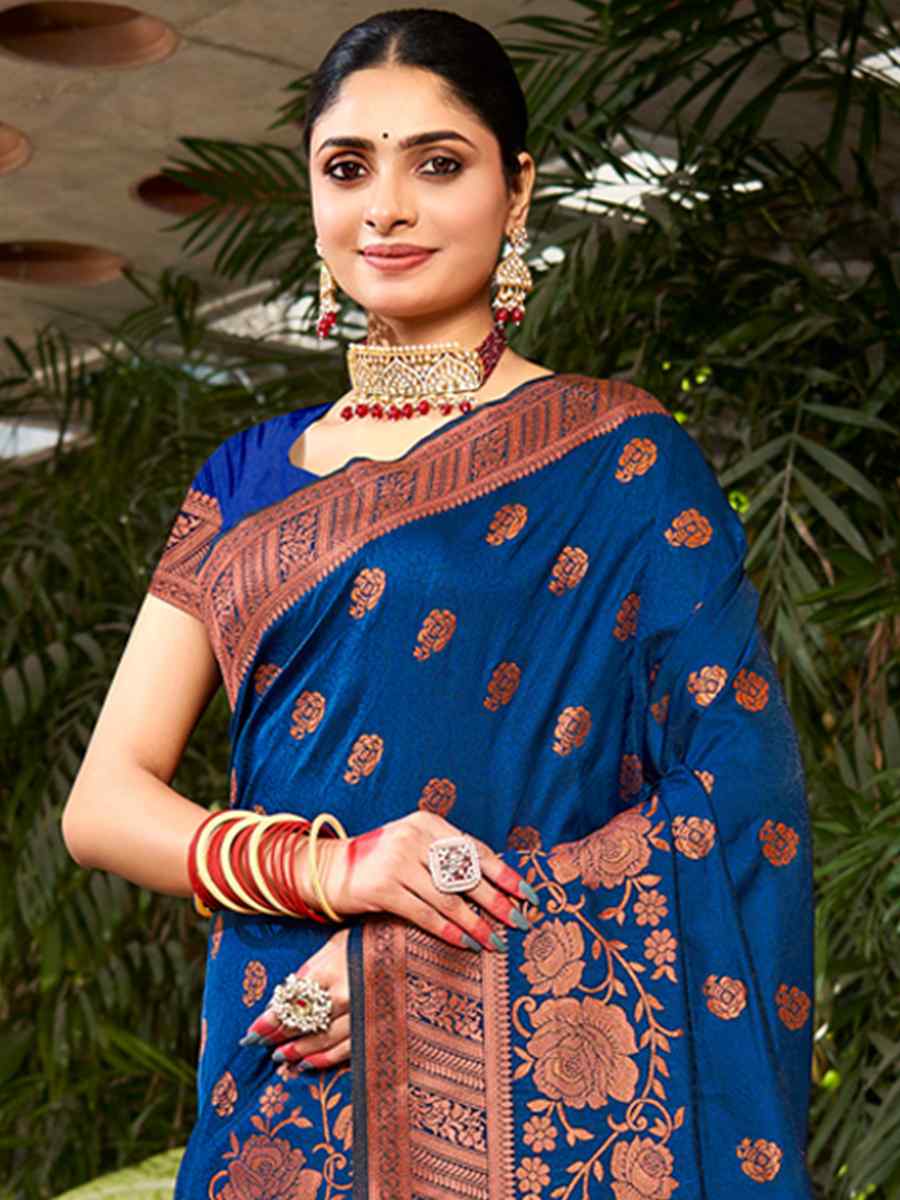 Navy Blue Silk Handwoven Wedding Festival Heavy Border Saree