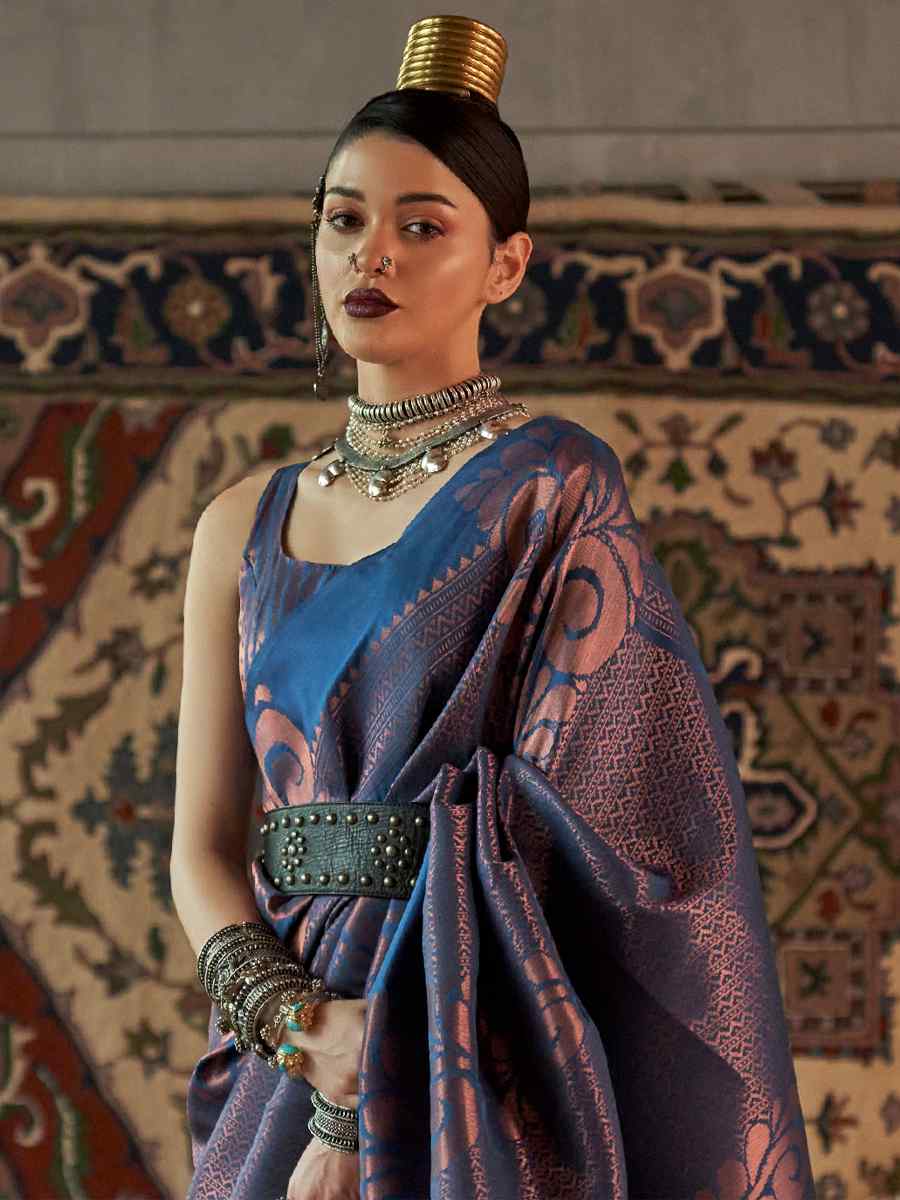 Navy Blue Silk Handwoven Wedding Festival Heavy Border Saree