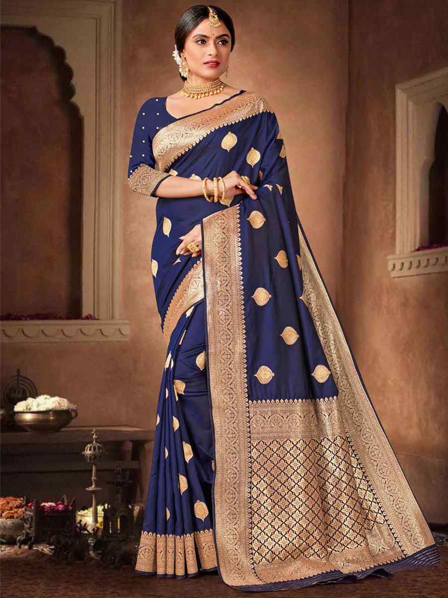 Navy Blue Silk Handwoven Wedding Festival Heavy Border Saree