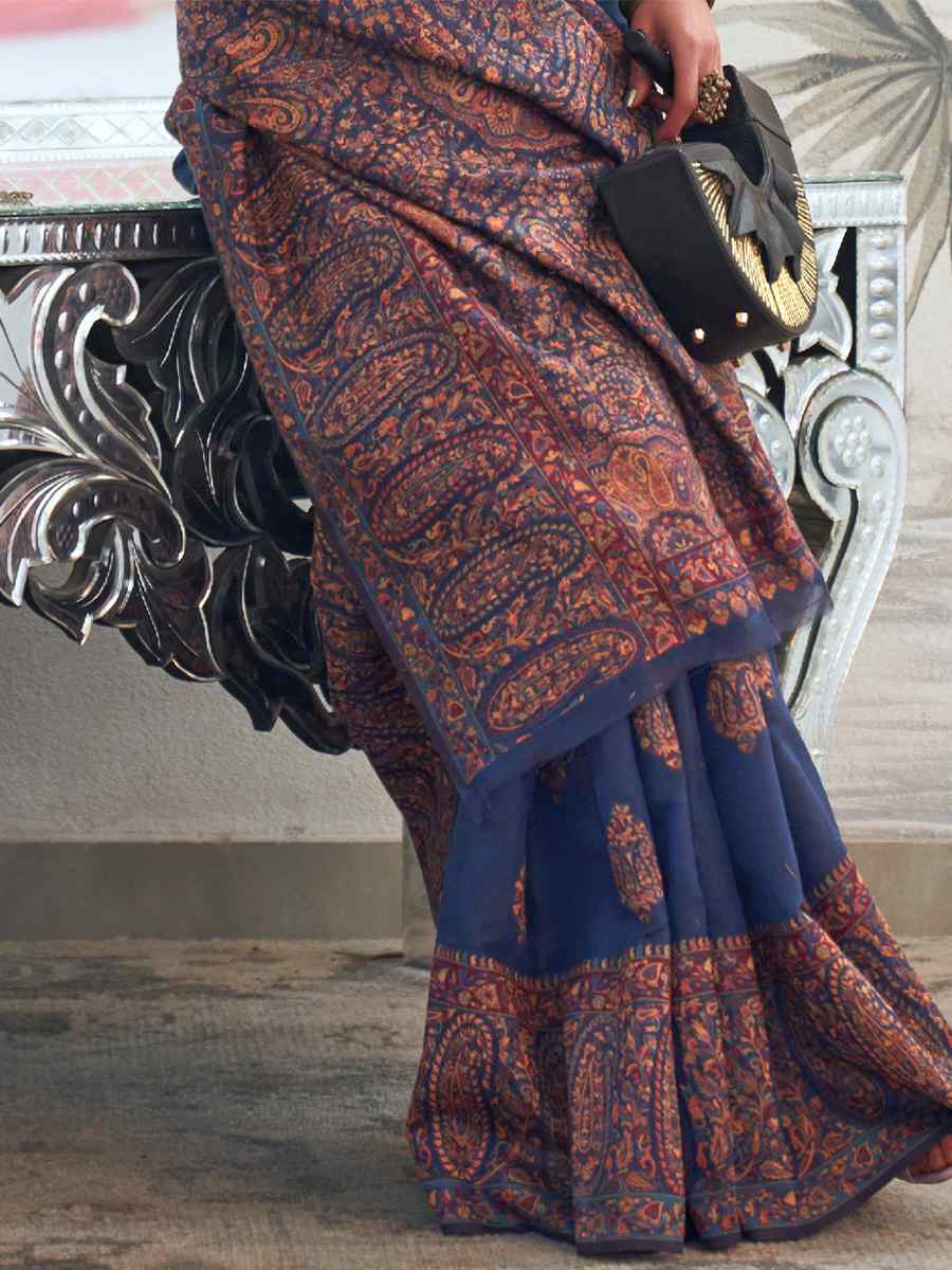 Navy Blue Silk Handwoven Wedding Festival Heavy Border Saree