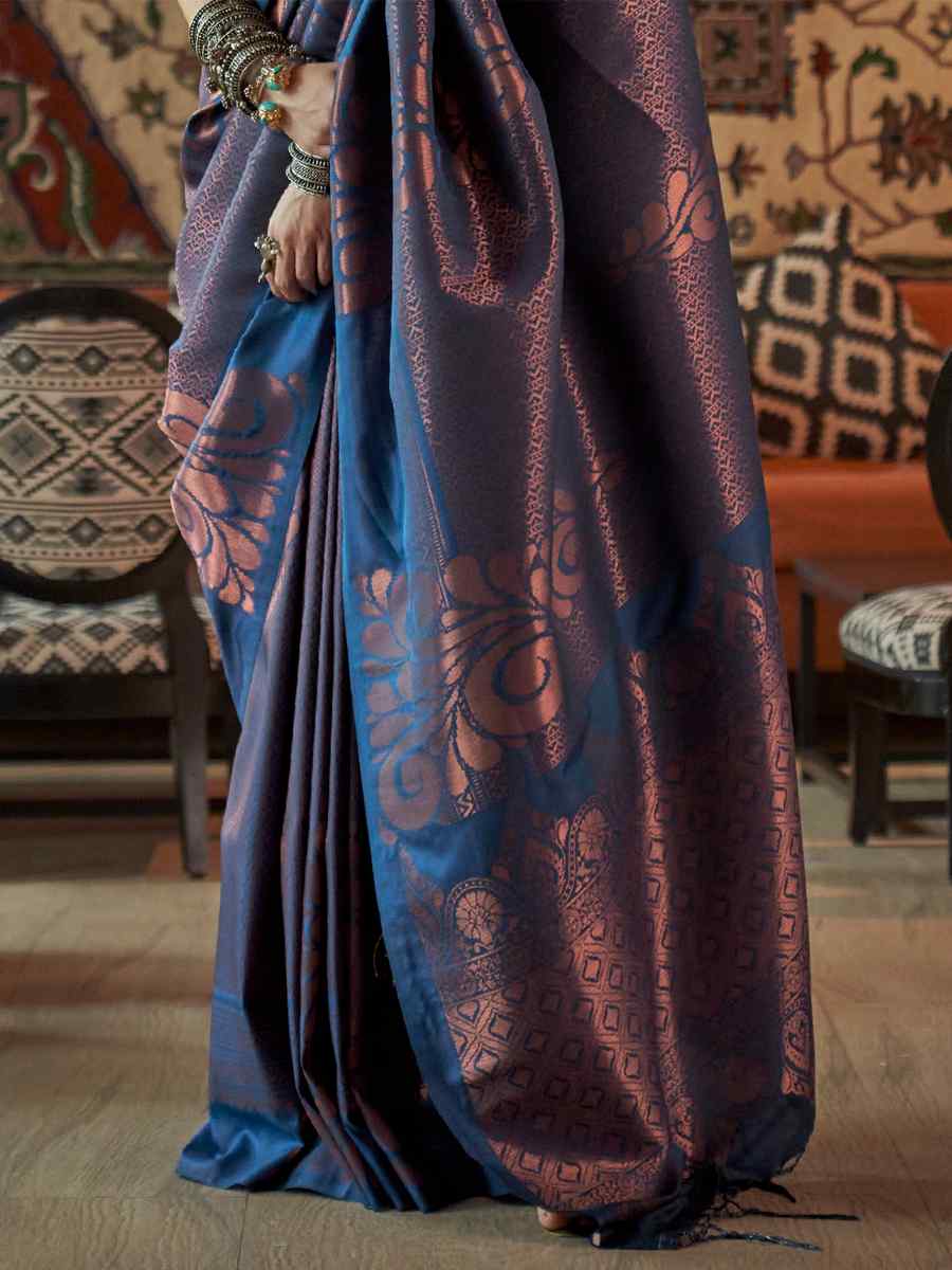 Navy Blue Silk Handwoven Wedding Festival Heavy Border Saree