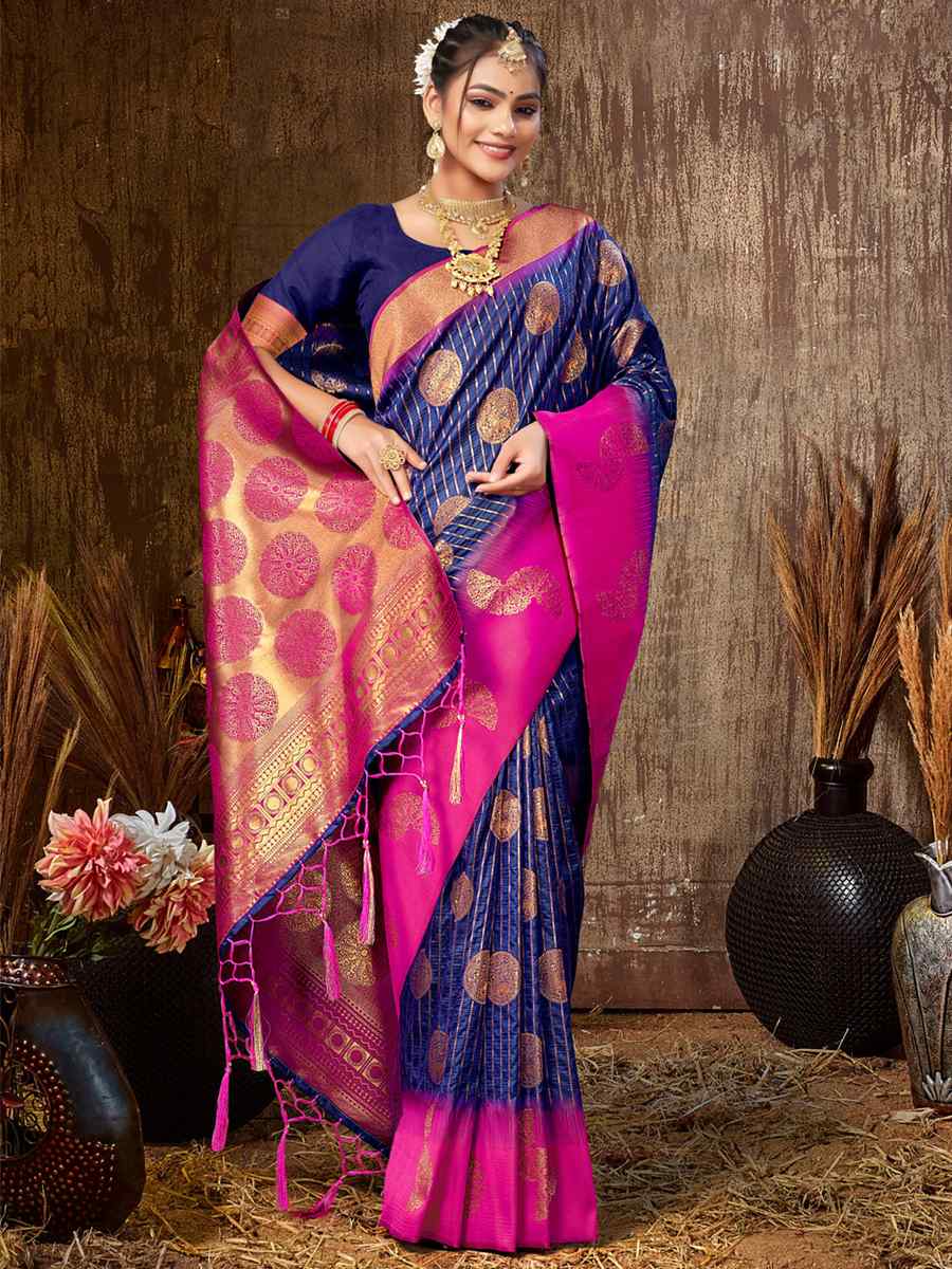 Navy Blue Silk Handwoven Wedding Festival Heavy Border Saree