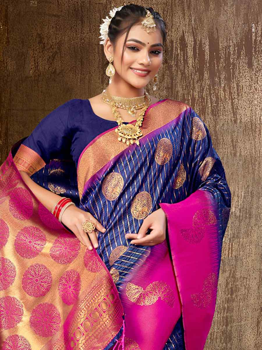 Navy Blue Silk Handwoven Wedding Festival Heavy Border Saree