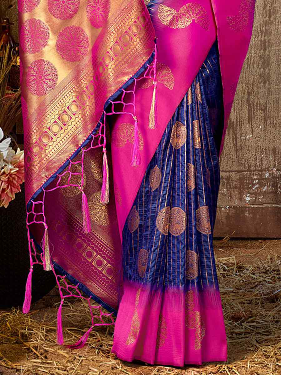 Navy Blue Silk Handwoven Wedding Festival Heavy Border Saree