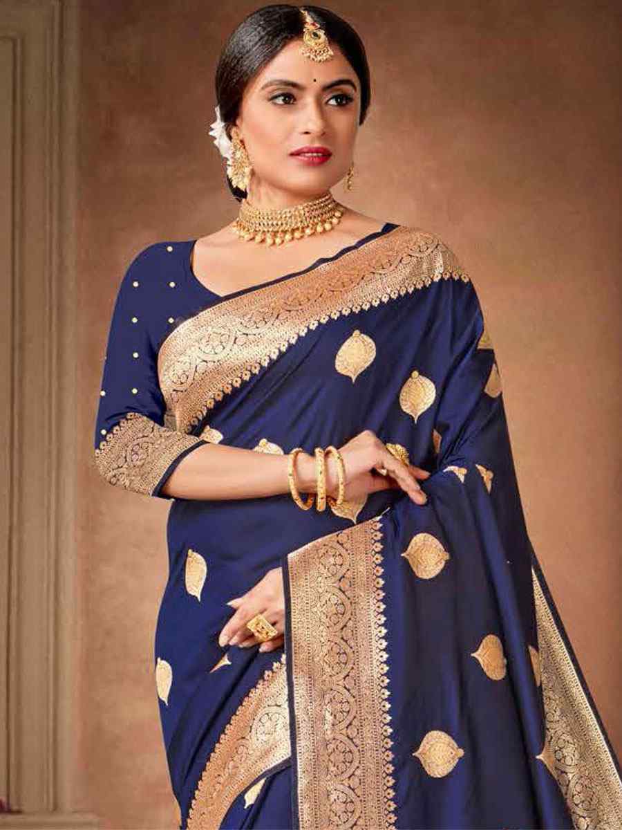 Navy Blue Silk Handwoven Wedding Festival Heavy Border Saree