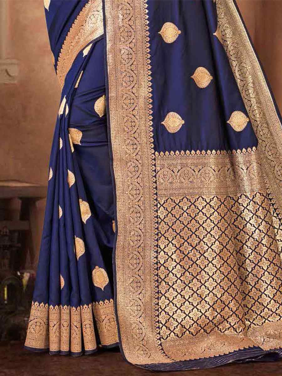 Navy Blue Silk Handwoven Wedding Festival Heavy Border Saree