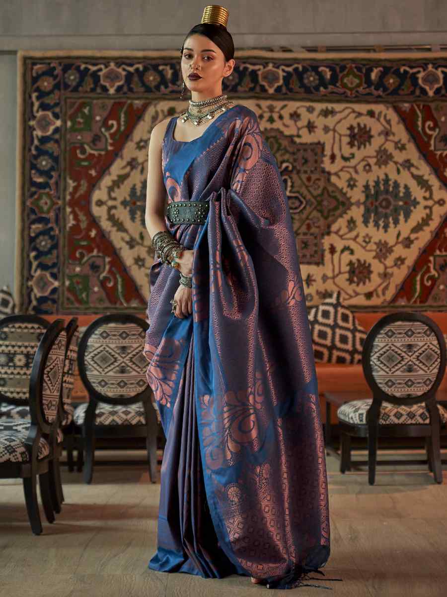 Navy Blue Silk Handwoven Wedding Festival Heavy Border Saree