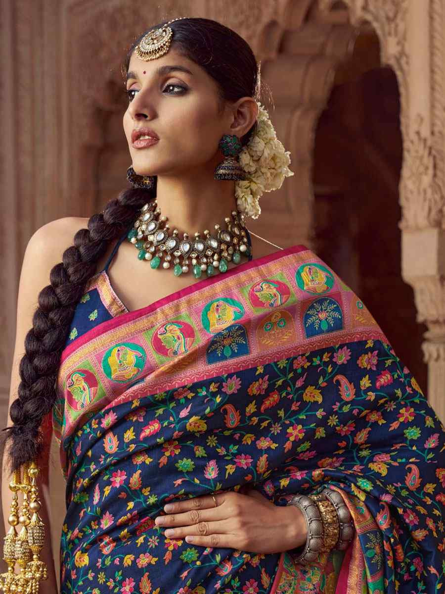 Navy Blue Silk Kalamkari Printed Festival Wedding Fancy Heavy Border Saree