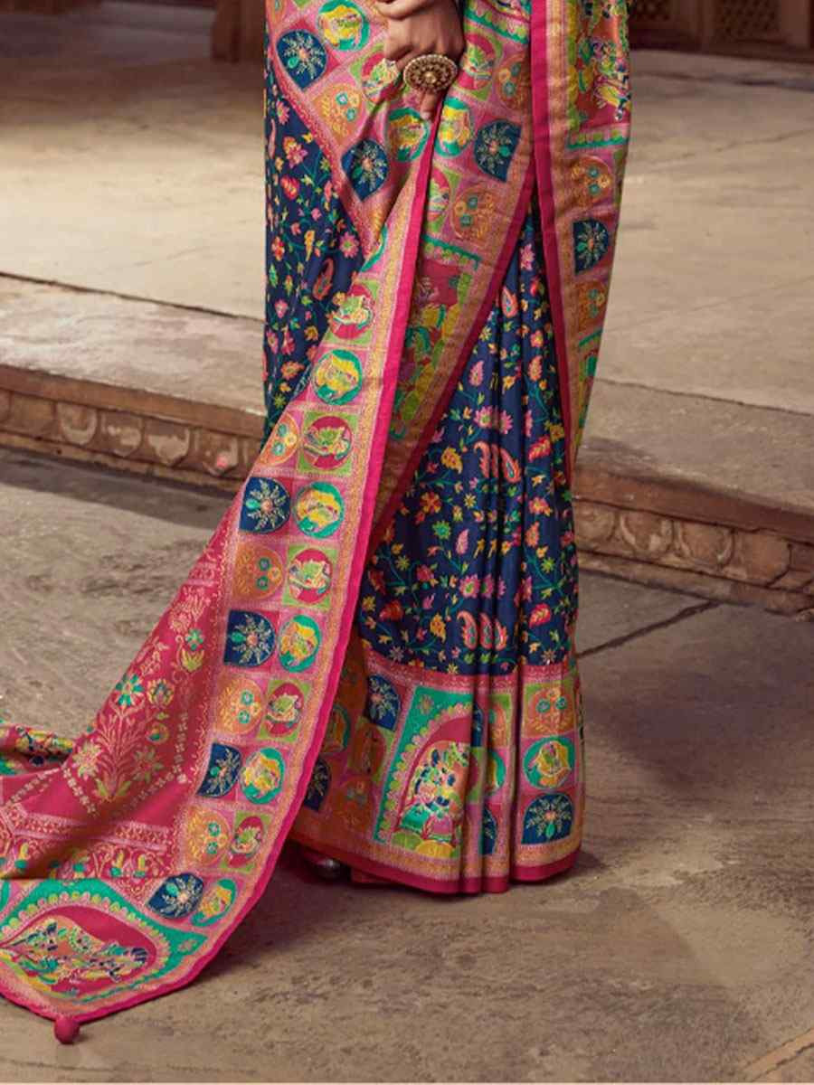 Navy Blue Silk Kalamkari Printed Festival Wedding Fancy Heavy Border Saree