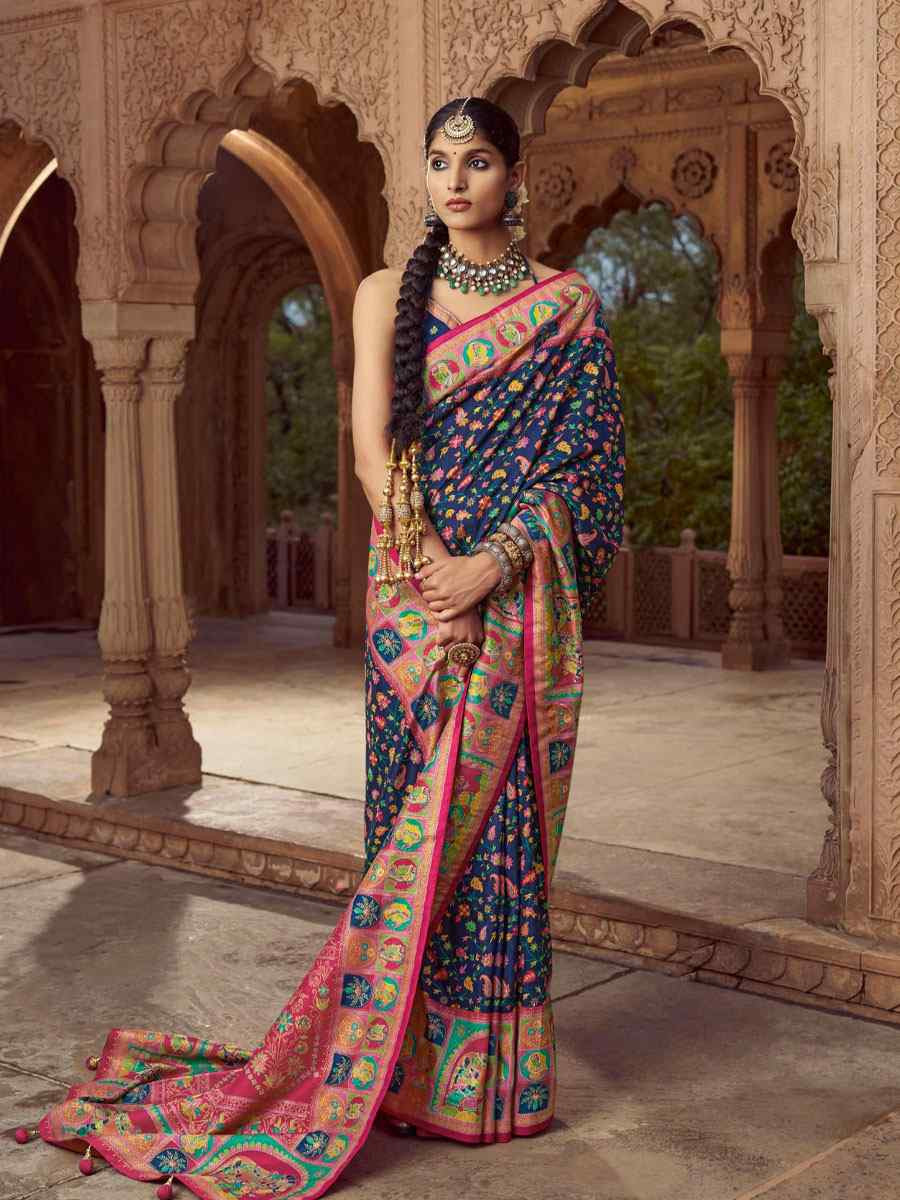 Navy Blue Silk Kalamkari Printed Festival Wedding Fancy Heavy Border Saree