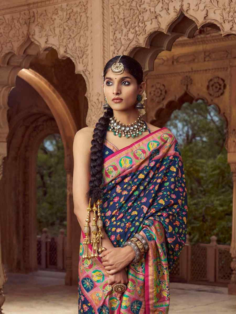 Navy Blue Silk Kalamkari Printed Festival Wedding Fancy Heavy Border Saree