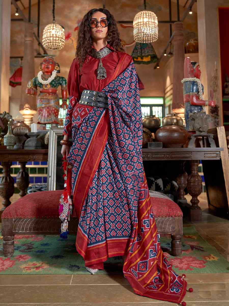 Navy Blue Silk Printed Casual Reception Festival Wedding Fancy Classic Style Sarees