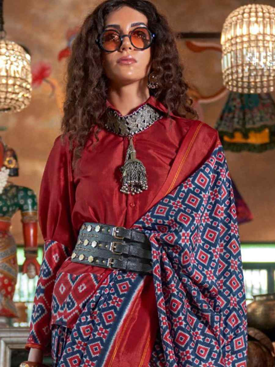 Navy Blue Silk Printed Casual Reception Festival Wedding Fancy Classic Style Sarees