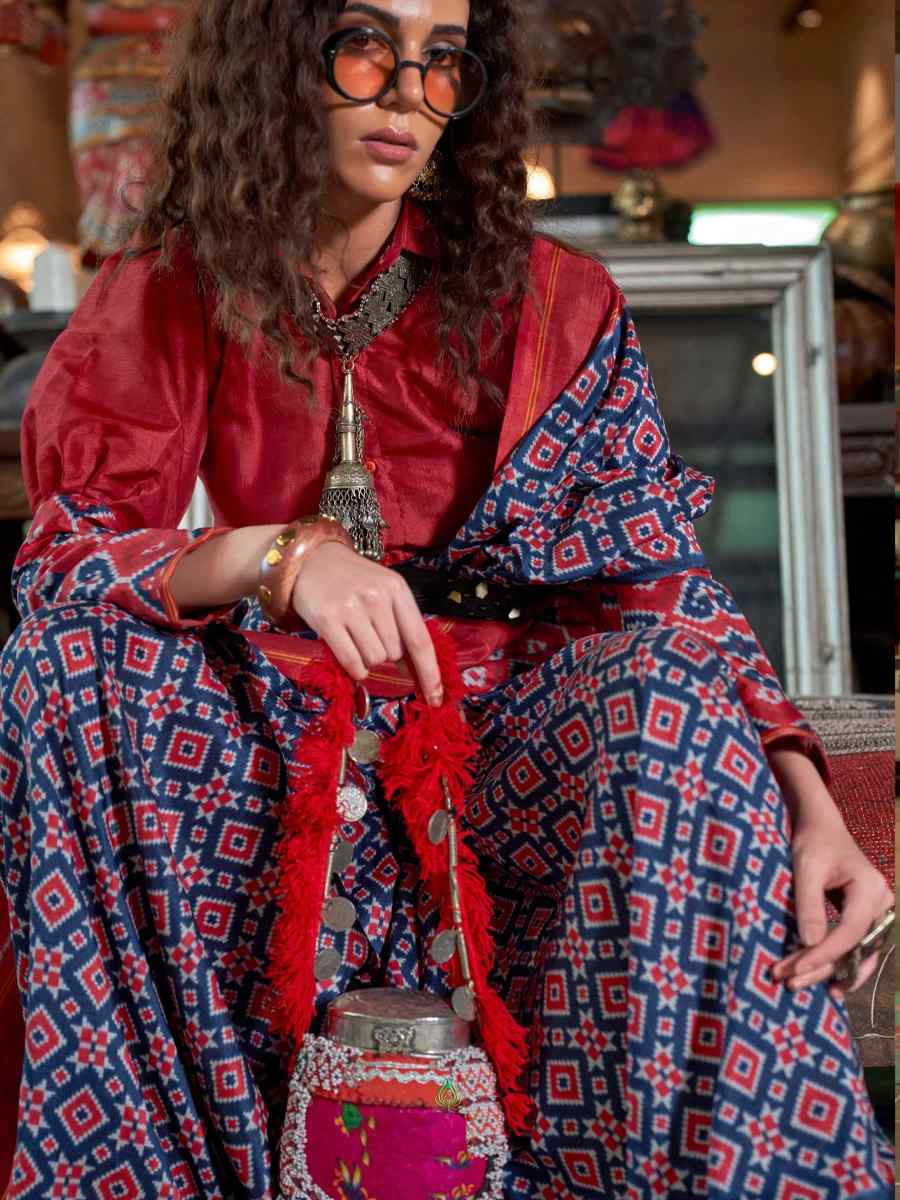 Navy Blue Silk Printed Casual Reception Festival Wedding Fancy Classic Style Sarees