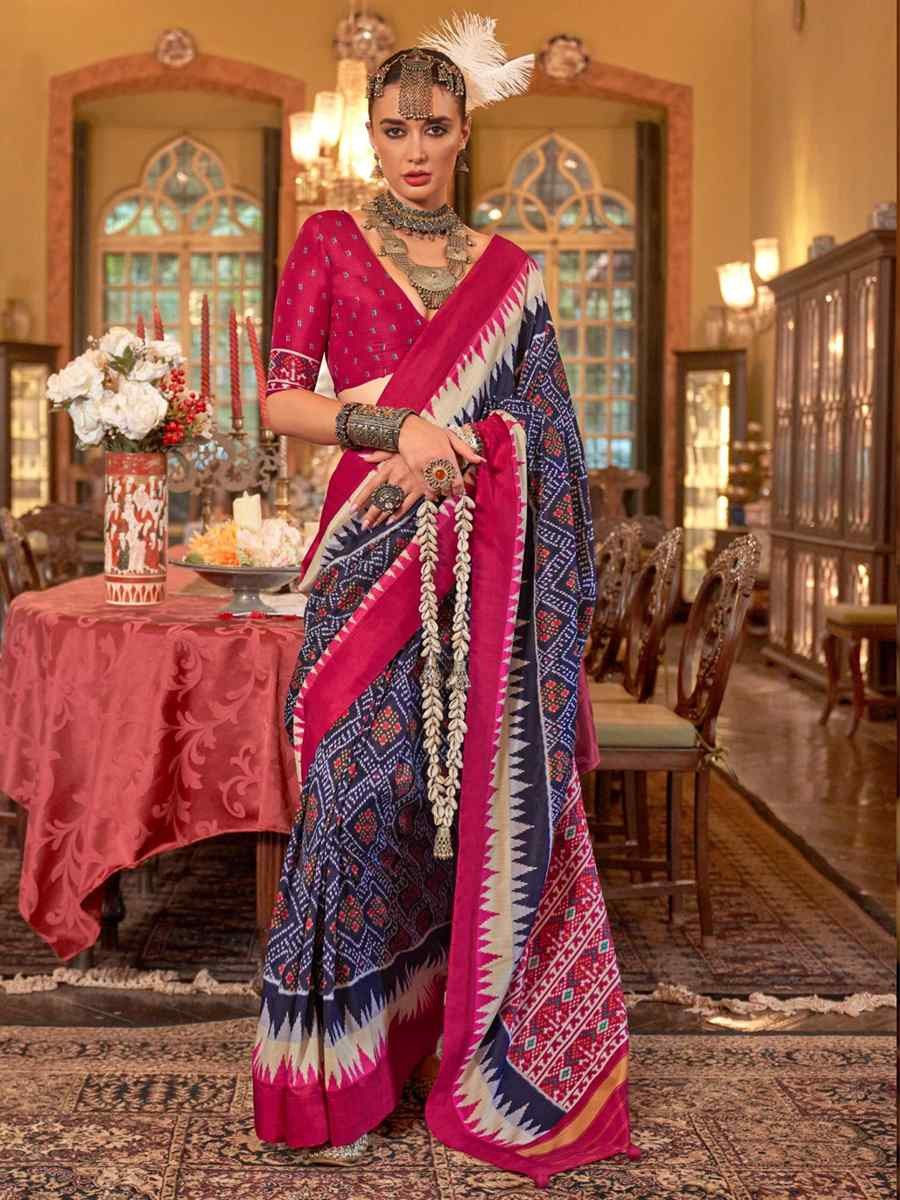 Navy Blue Silk Printed Festival Wedding Fancy Heavy Border Saree