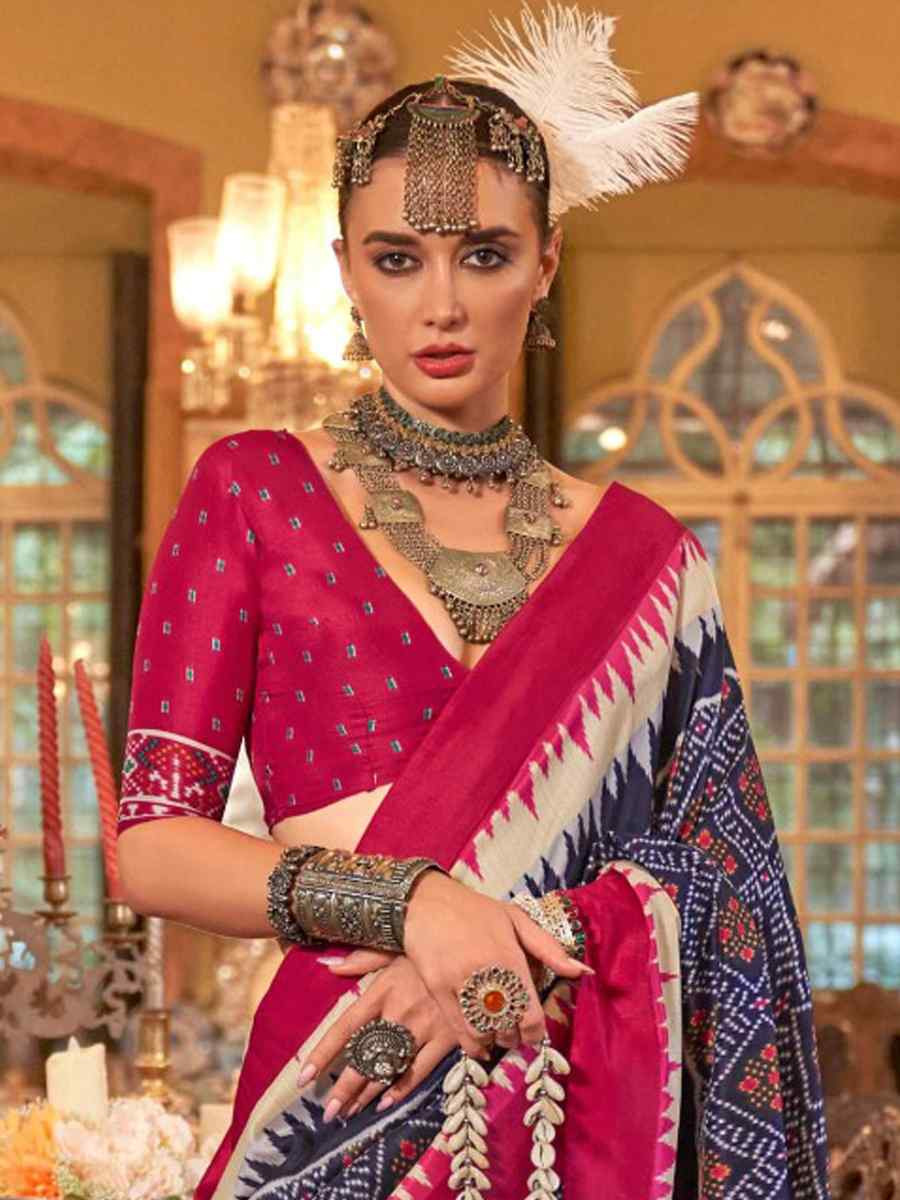 Navy Blue Silk Printed Festival Wedding Fancy Heavy Border Saree