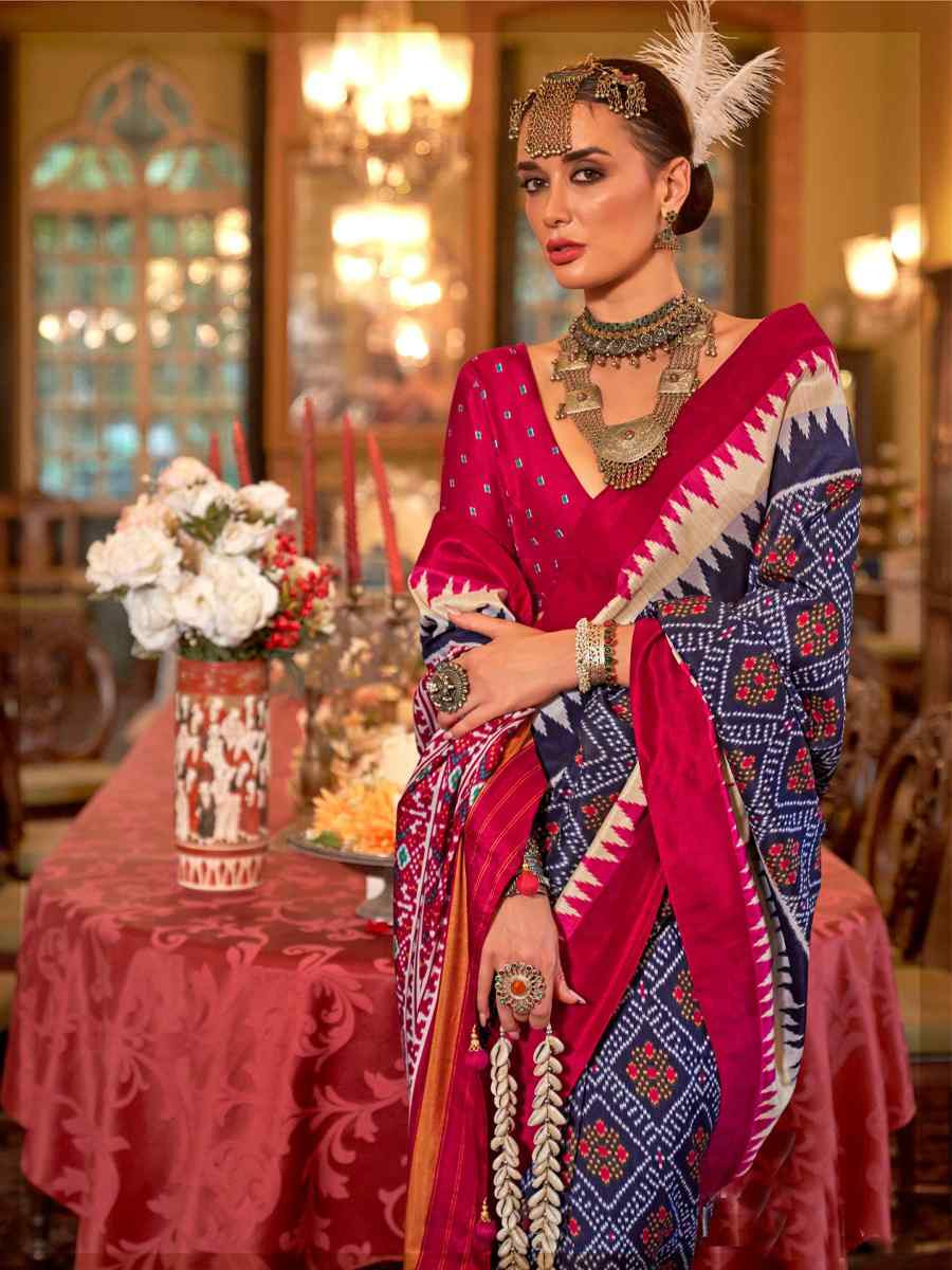 Navy Blue Silk Printed Festival Wedding Fancy Heavy Border Saree