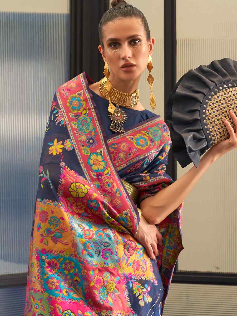 Navy Blue Silk Printed Party Festival Contemporary Saree