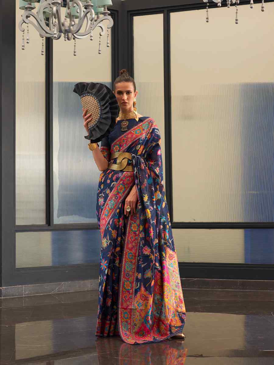 Navy Blue Silk Printed Party Festival Contemporary Saree