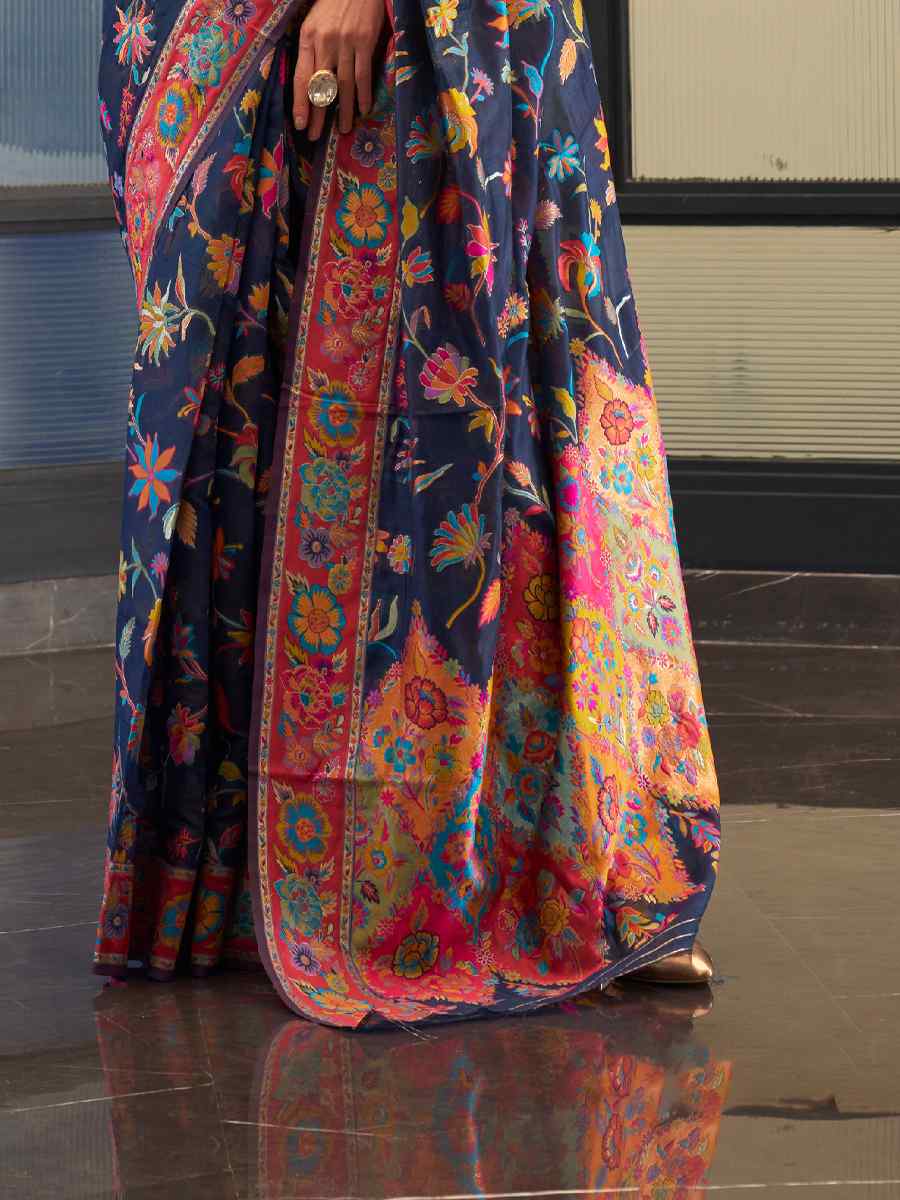 Navy Blue Silk Printed Party Festival Contemporary Saree