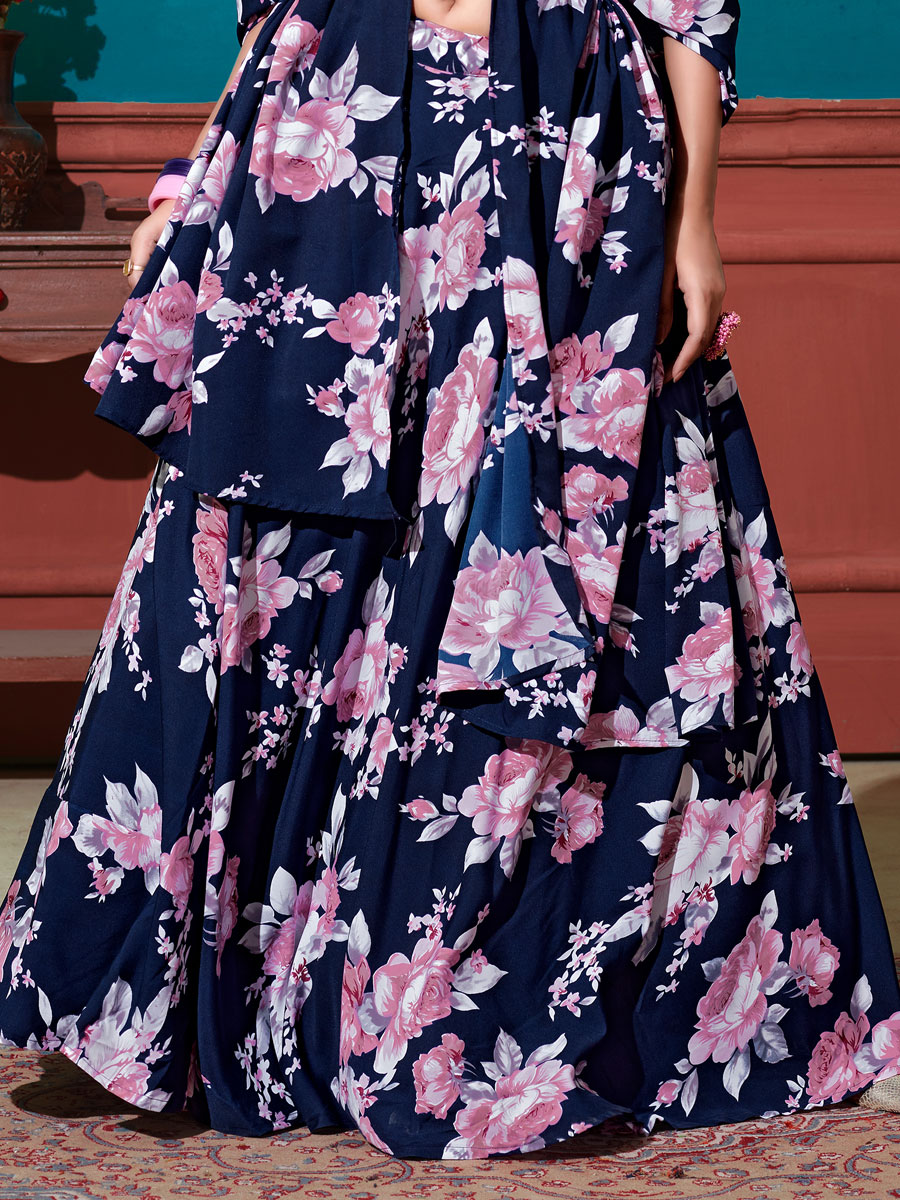 Navy Blue Silk Printed Party Lehenga Choli