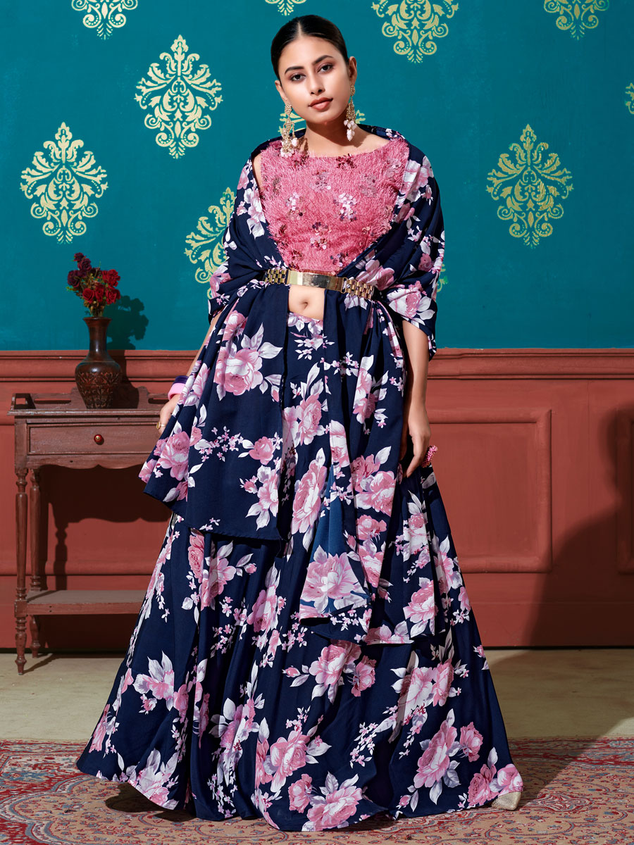 Navy Blue Silk Printed Party Lehenga Choli