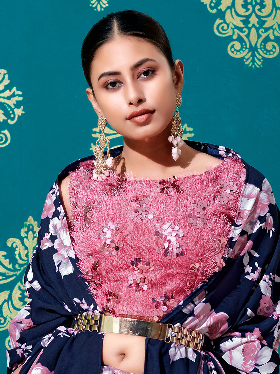 Navy Blue Silk Printed Party Lehenga Choli