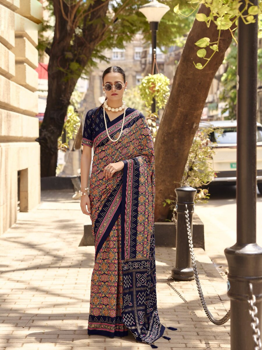 Navy Blue Silk Printed Wedding Reception Party Festival Casual Heavy Border Sarees