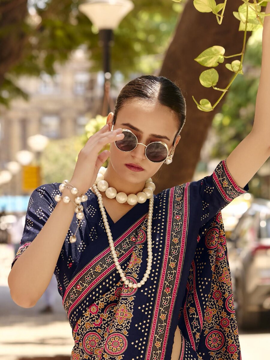 Navy Blue Silk Printed Wedding Reception Party Festival Casual Heavy Border Sarees