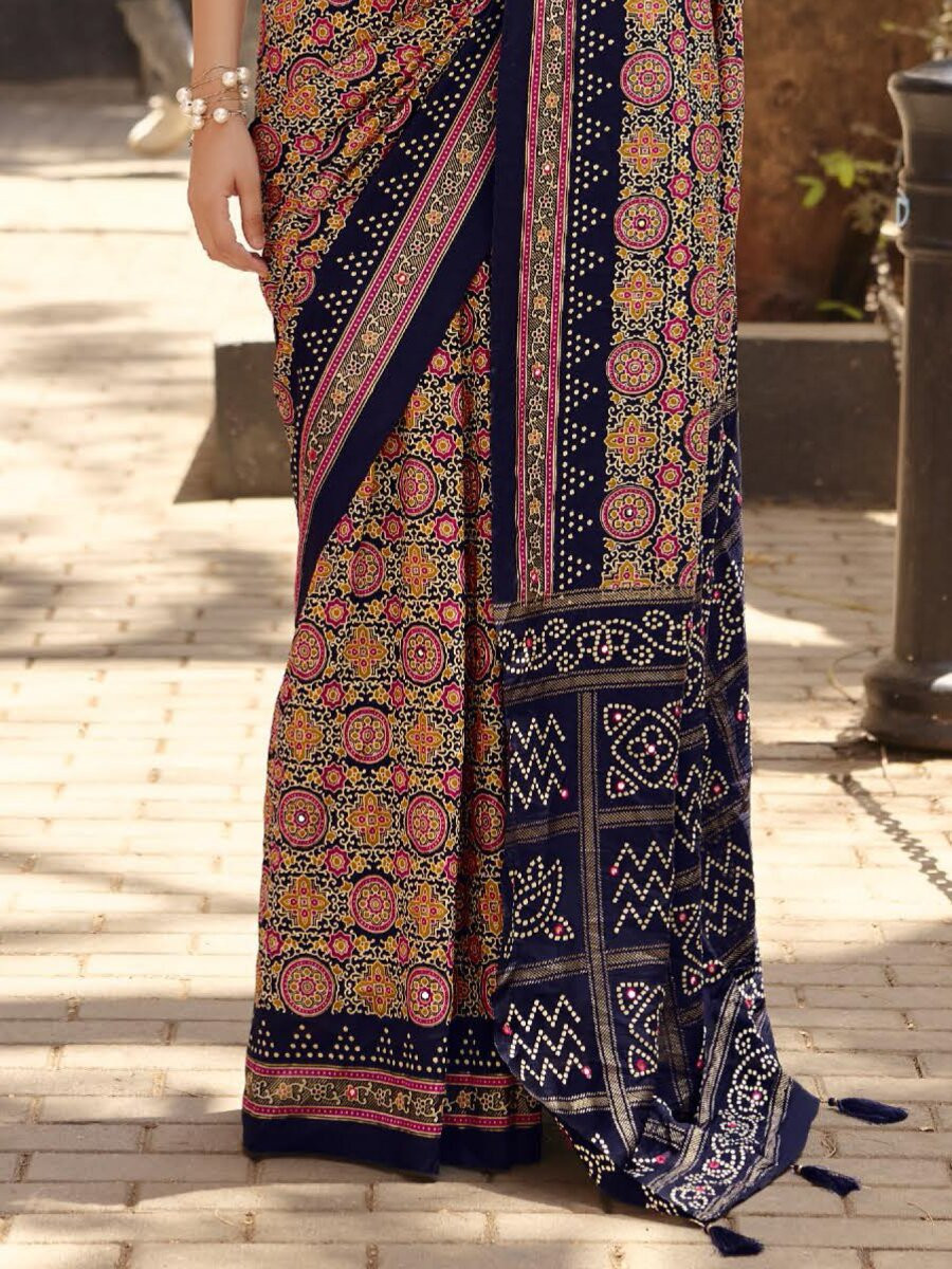 Navy Blue Silk Printed Wedding Reception Party Festival Casual Heavy Border Sarees