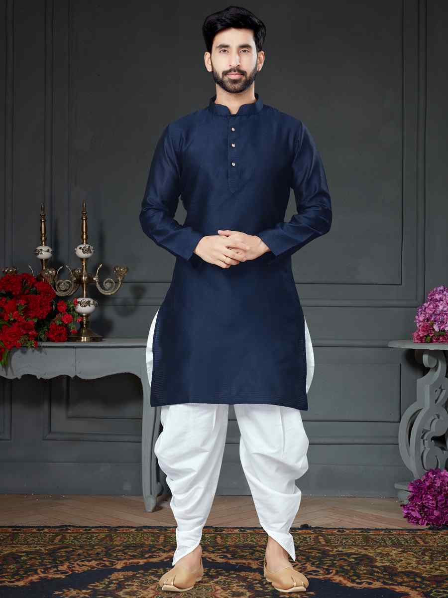 Navy Blue Silk Woven Festival Kurta