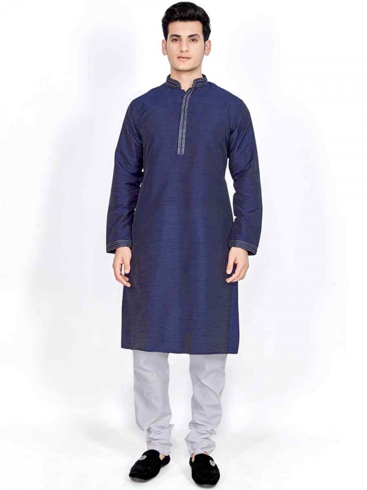 Navy Blue Silk Woven Festival Kurta