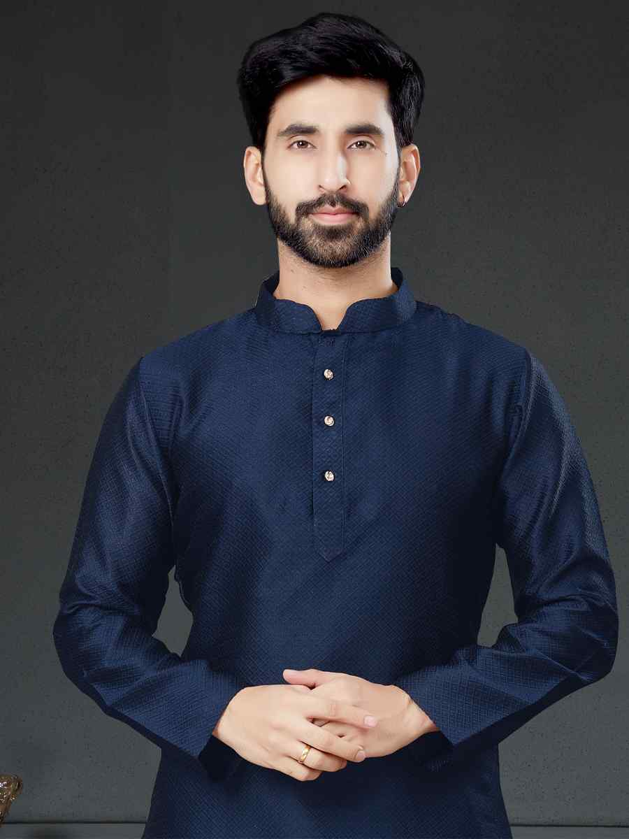 Navy Blue Silk Woven Festival Kurta