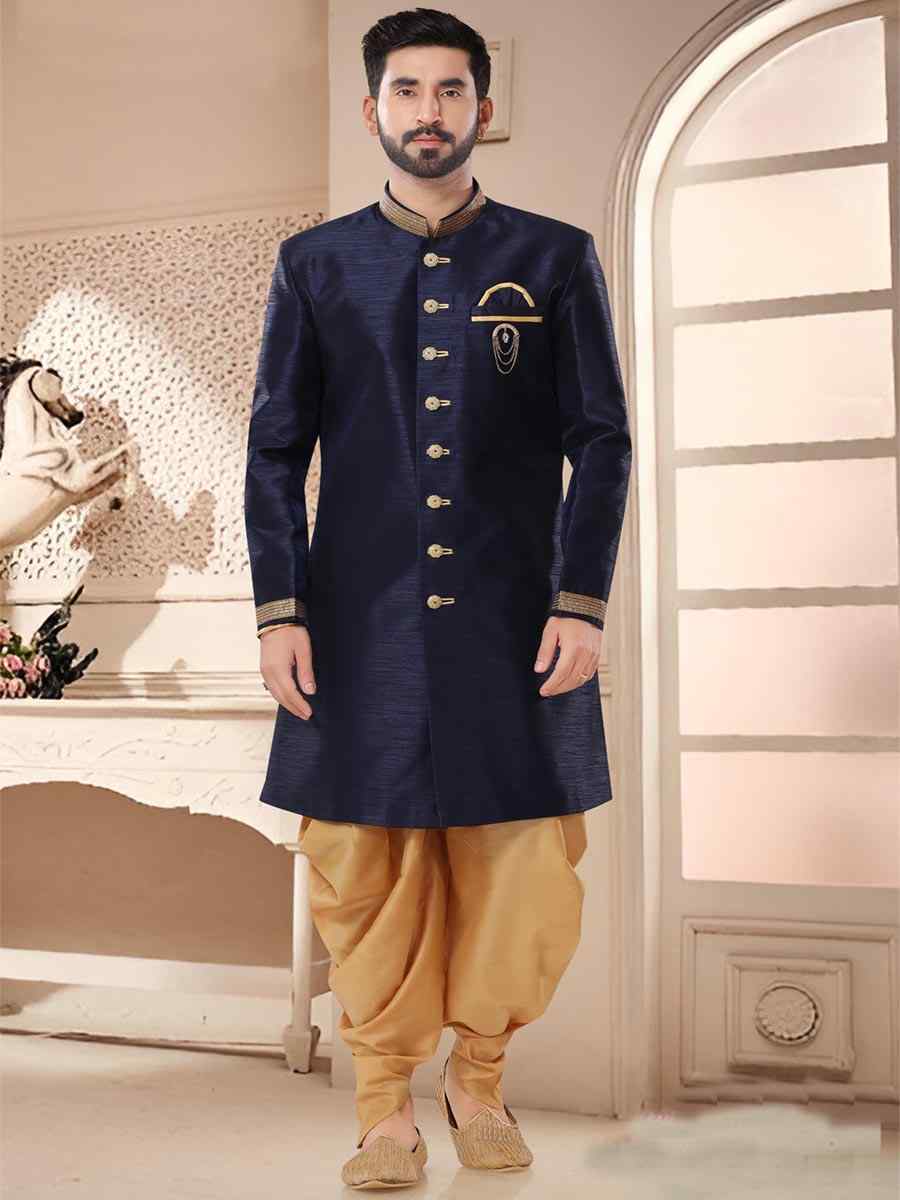 Navy Blue Silk Woven Festival Wedding Kurta