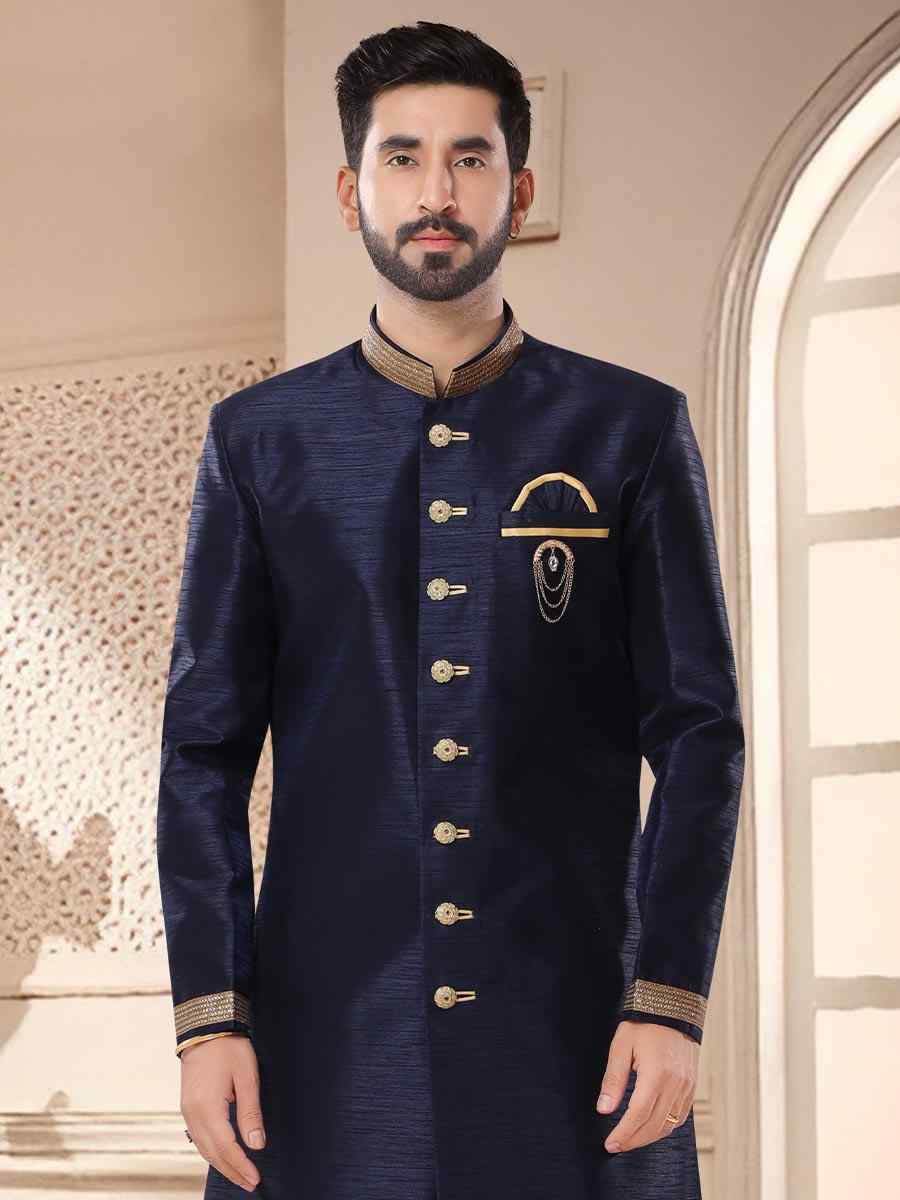 Navy Blue Silk Woven Festival Wedding Kurta