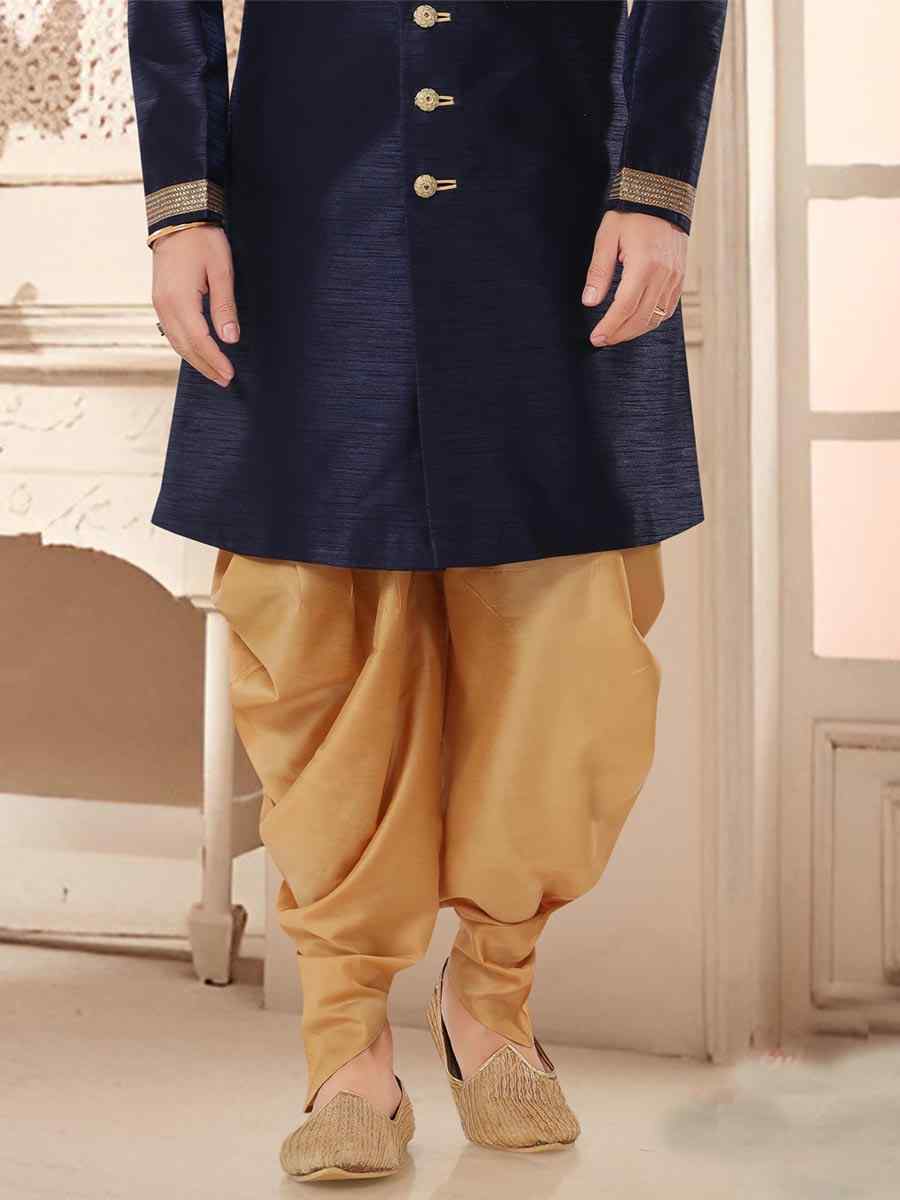 Navy Blue Silk Woven Festival Wedding Kurta