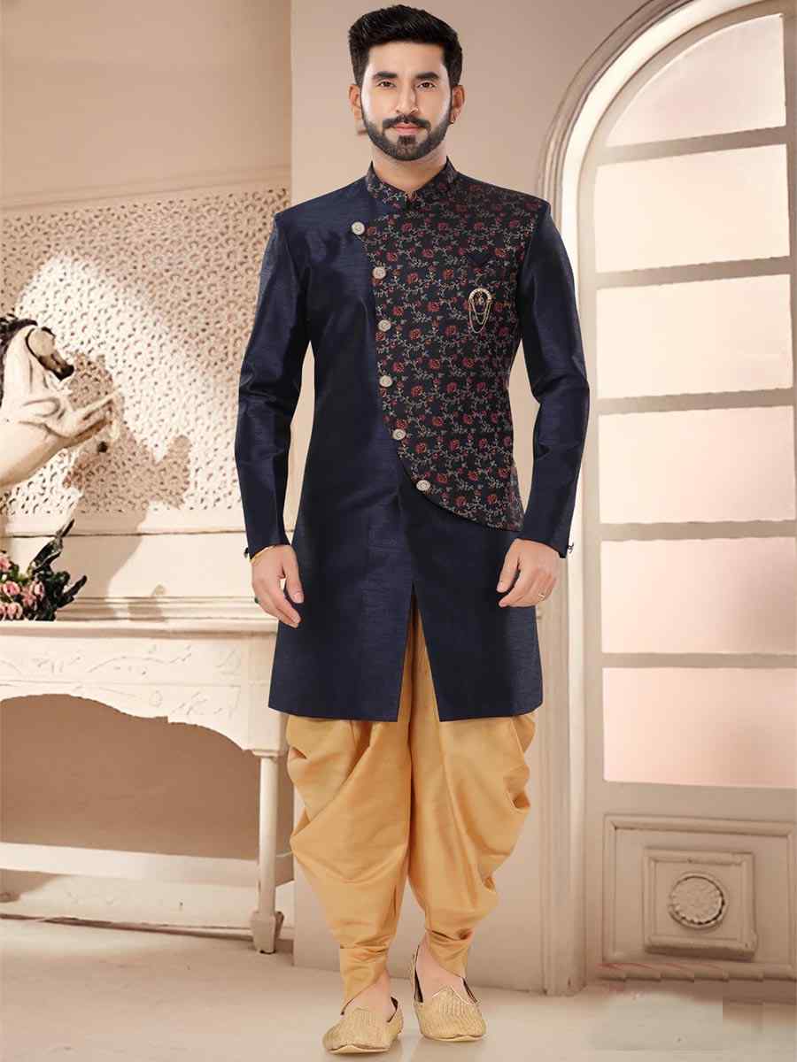Navy Blue Silk Woven Festival Wedding Kurta