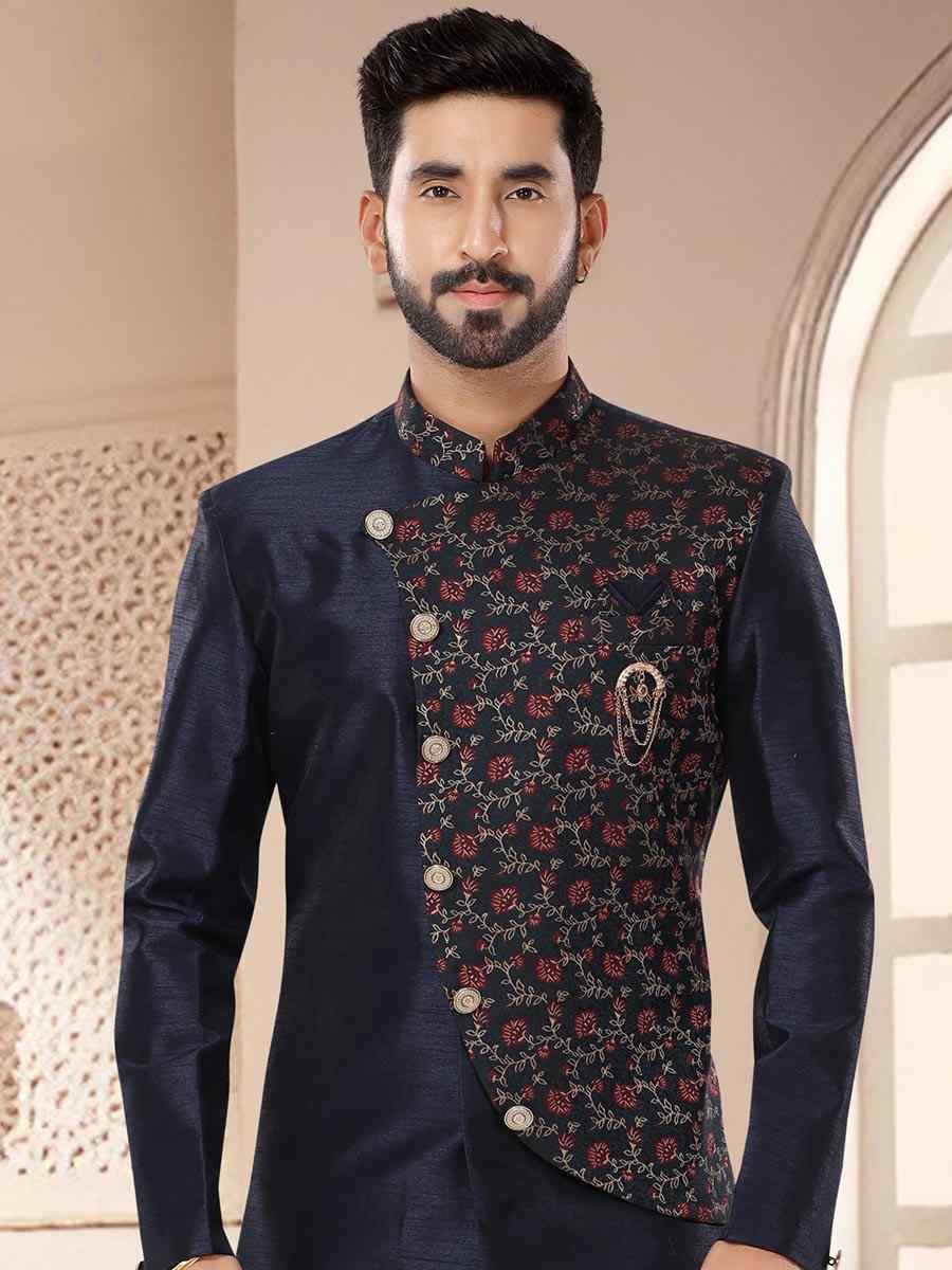Navy Blue Silk Woven Festival Wedding Kurta