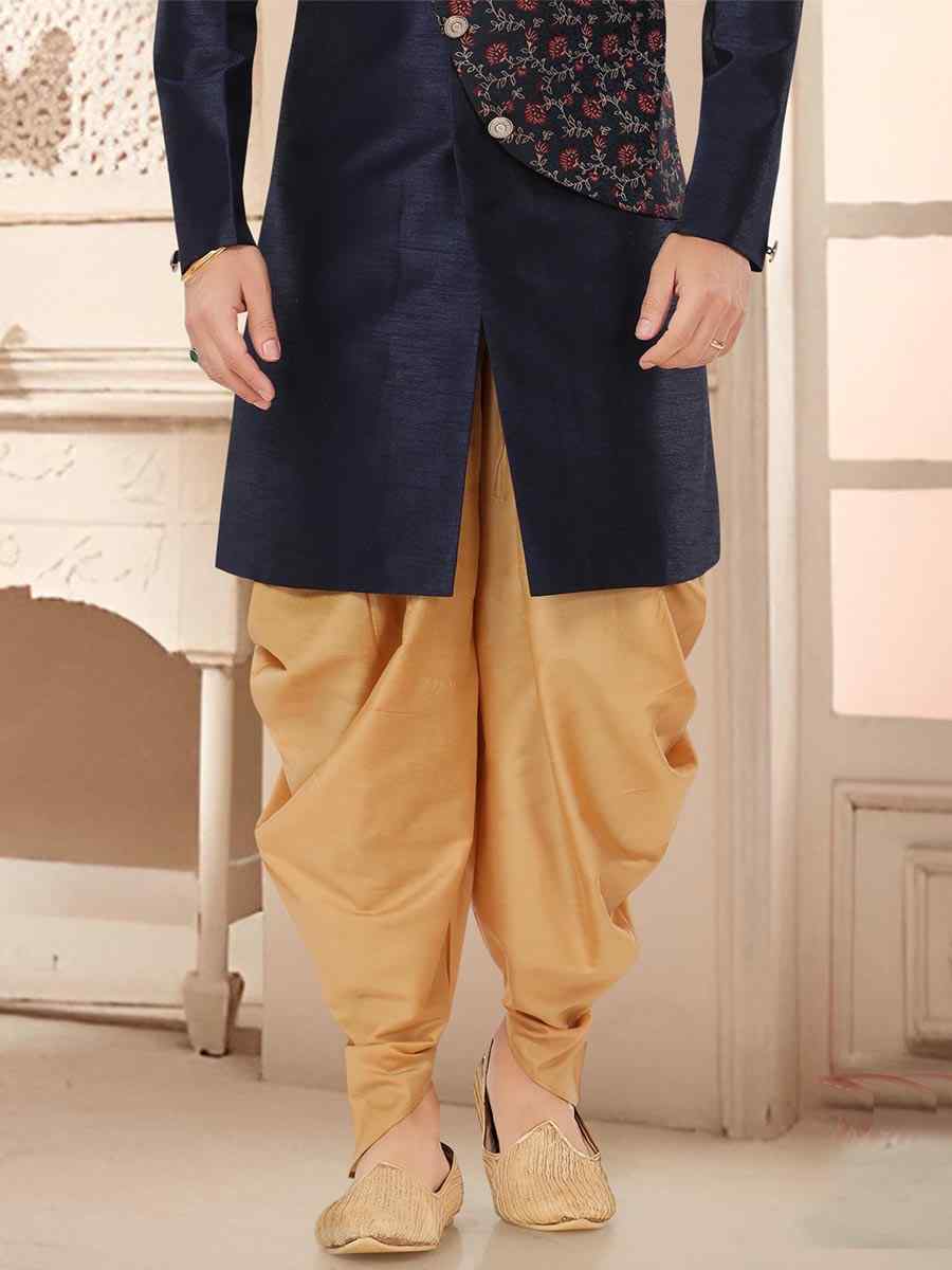 Navy Blue Silk Woven Festival Wedding Kurta