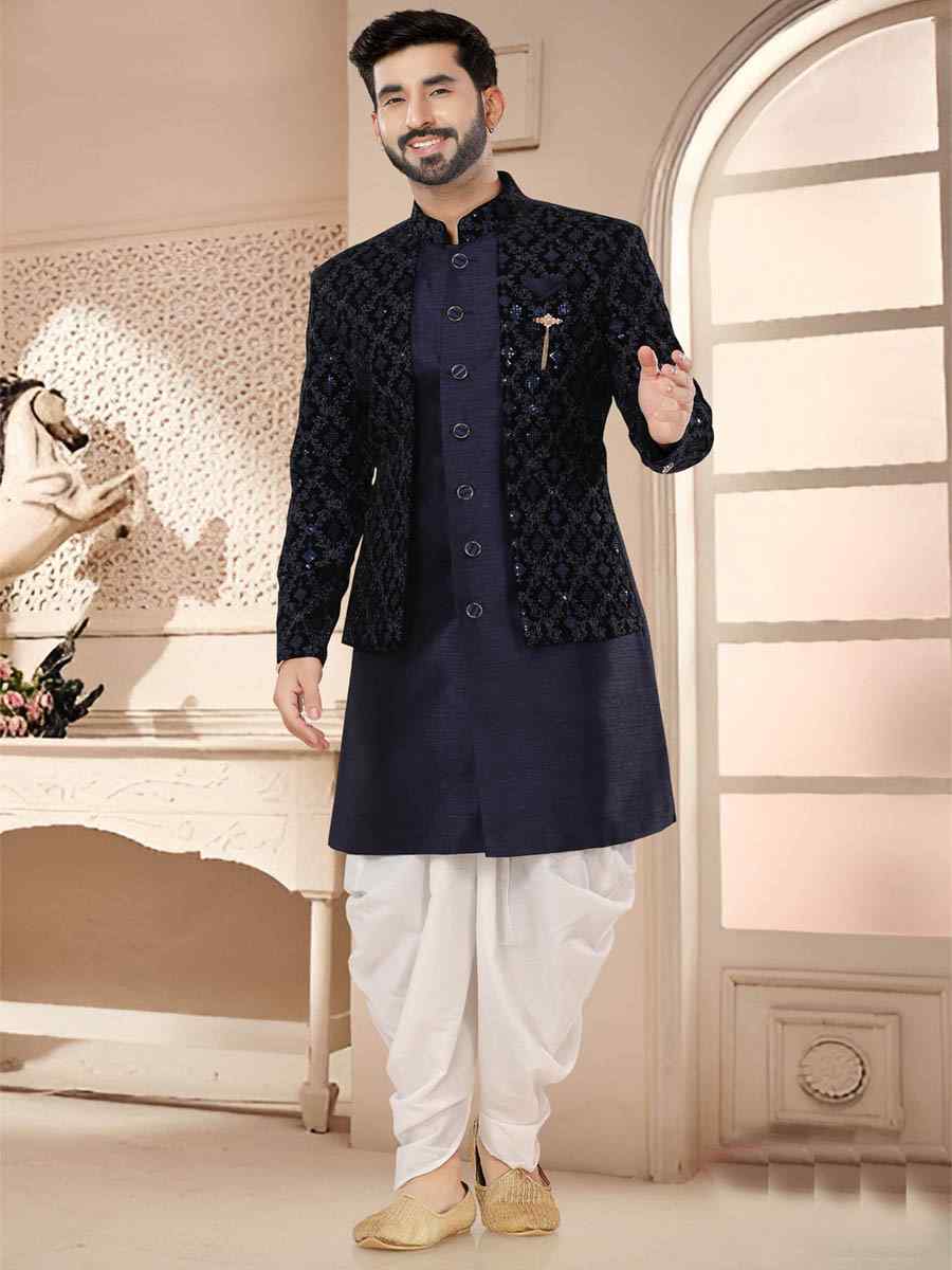 Navy Blue Silk Woven Festival Wedding Kurta